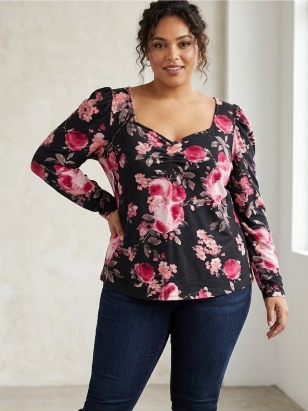 Maurices Black Long-Sleeve Top with Pink Floral Print - 1X NWT
